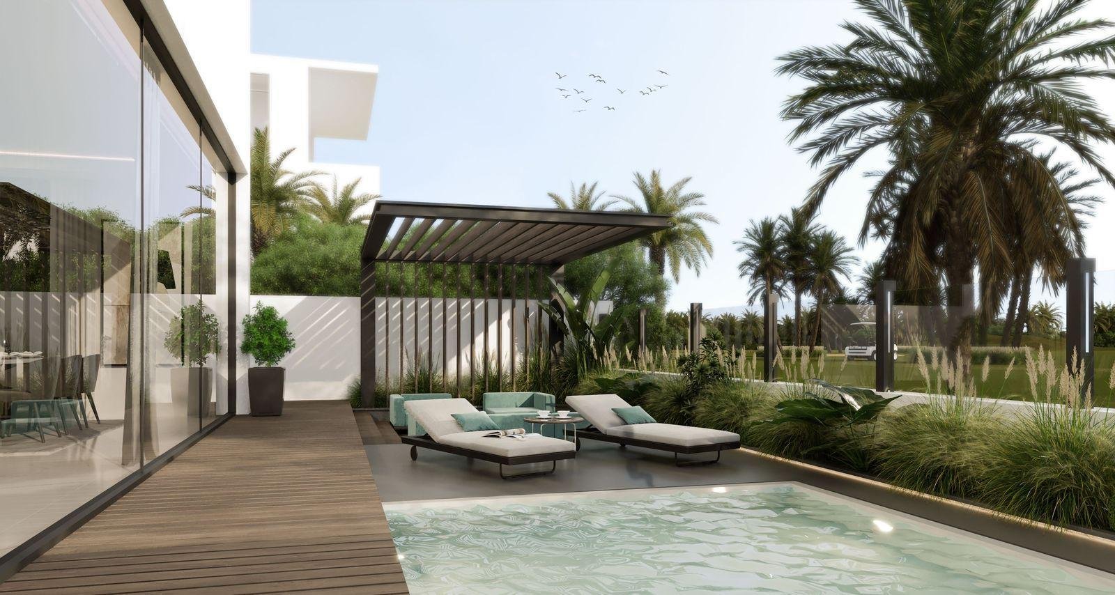 Elegant architectural facade of luxury standalone villas at Terra Residences Jumeirah Golf Estates.